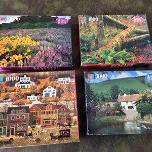 Lot of 4 Milton Bradley 1000-pc. JIGSAW PUZZLES - 2 new/sealed, 2 completed